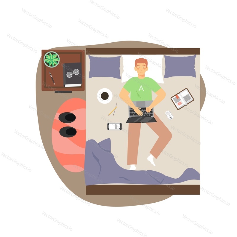 Freelance. Young man working from home lying on bed, flat vector illustration. Freelancer male character working on laptop computer in bedroom. Remote work, distance education, online learning.