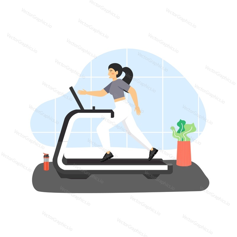 Fitness gym. Young woman running on treadmill, doing cardio and weight loss exercises, flat vector illustration. Treadmill workout routine. Sport and healthy lifestyle.