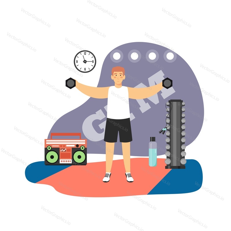 Fitness gym. Young man bodybuilder doing hand weight exercises with dumbbells, flat vector illustration. Arm workout for biceps and triceps, bodybuilding. Sport and healthy lifestyle.