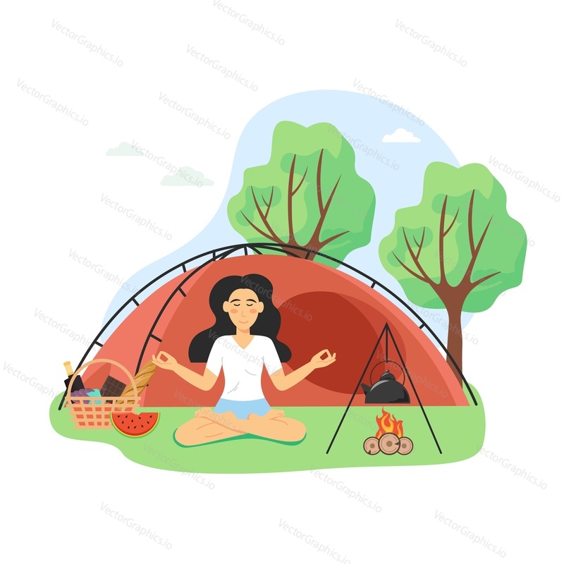 Happy woman meditating sitting in lotus yoga position by the campfire, flat vector illustration. Girl taking rest, relaxing outdoors. Yoga class meditation retreat, healthy lifestyle, nature travel.