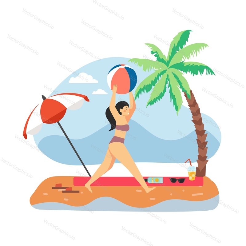 Young girl wearing swimsuit playing with ball on beach, flat vector illustration. Summer travel, tropical vacation, beach holiday.
