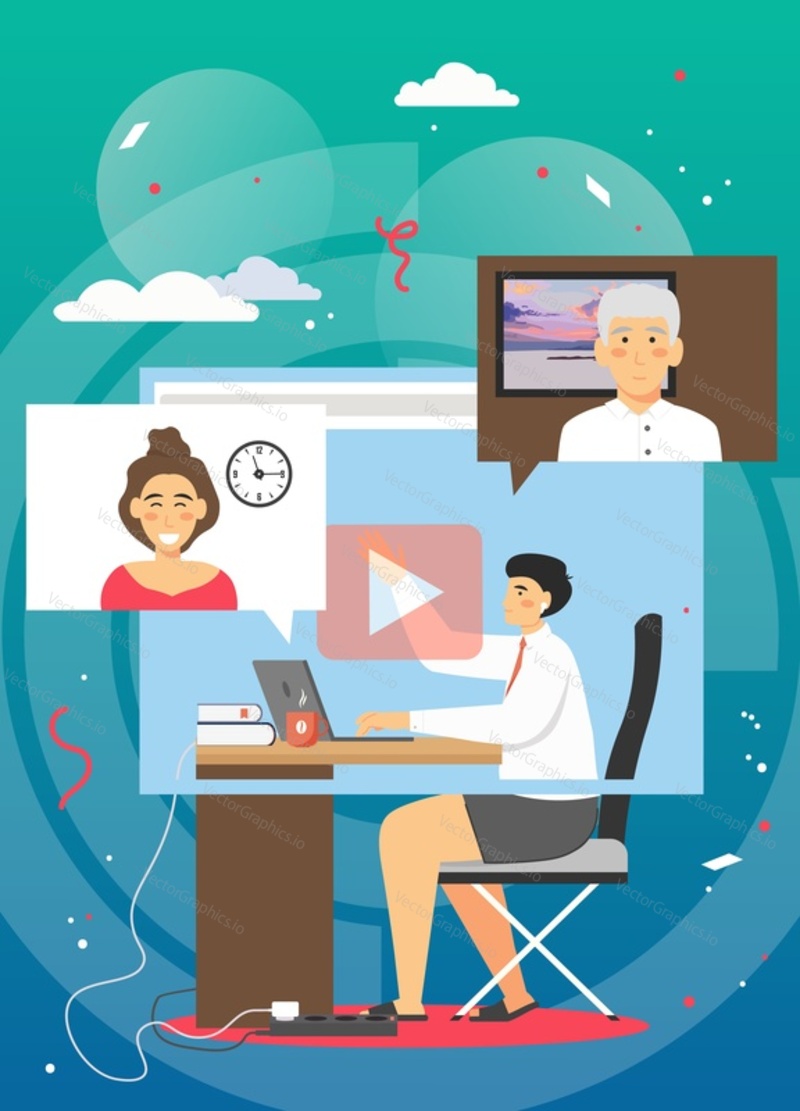 Businesswoman holding online video conference, workshop, meeting from home office sitting at desk in front of laptop, vector flat illustration. Remote work, stay home in quarantine, self isolation.