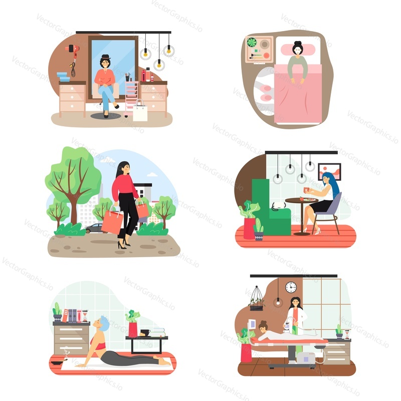 8 March, Womens Day set, flat vector isolated illustration. Happy women spending day off at clothing store, fashion boutique, spa, beauty hair salon and at home training practicing yoga. Happy holiday