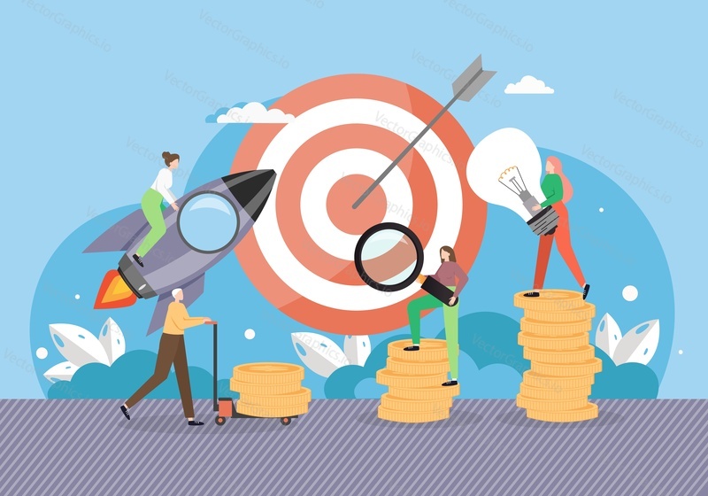 Business project startup rocket launch, flat vector illustration. Target, people with light bulb, money, riding rocket. Targeting, marketing, business idea creation, teamwork, financial investment