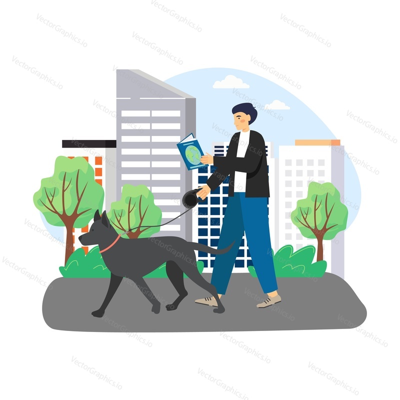 Young man reading book walking with dog in the street, flat vector illustration. Male character studying, enjoying free time with reading favorite book. Hobby and leisure activity, education.