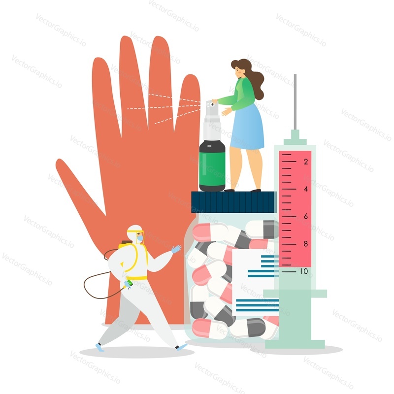 Disinfection, personal hygiene, treatment during coronavirus pandemic, vector flat illustration. Washing hands with sanitizer, disinfecting surfaces with disinfectant. Coronavirus prevention measures.