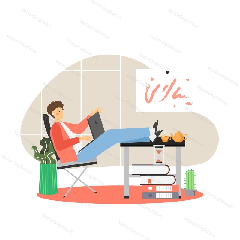 Freelance. Young man working from home office sitting at table, flat vector illustration. Freelancer male character in headphones working on laptop in cozy living room. Remote work, online learning.