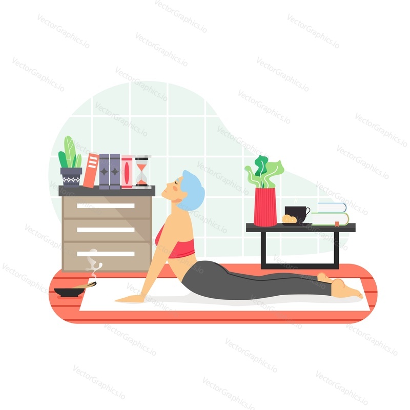 Happy woman spending free time at home. Cute girl doing gymnastics, practicing yoga in the morning, flat vector illustration. Home fitness, everyday workout routine, sport and hobby, healthy lifestyle