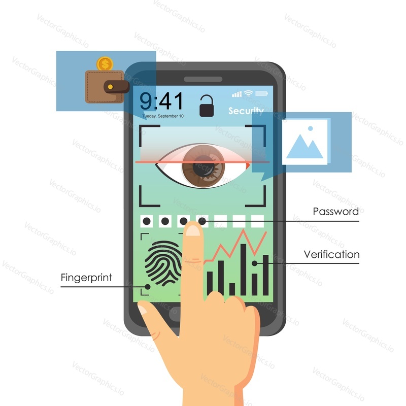 Human eye, fingerprint on mobile phone screen and finger entering password, vector flat illustration. Fingerprint and eye recognition biometric and password protection. Smartphone security.