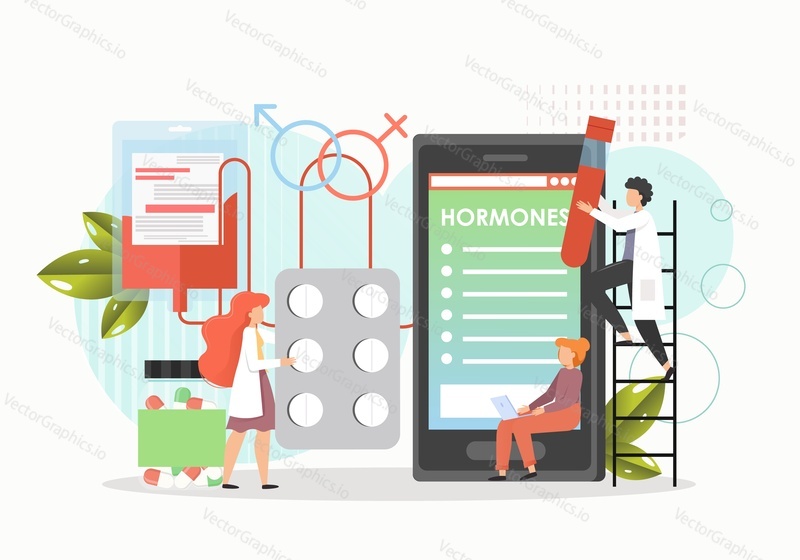 Woman visiting online doctor for hormone replacement therapy, flat vector illustration. HRT prescription treatment. Hormone medication. Medicine and woman health care, online medical consultation.