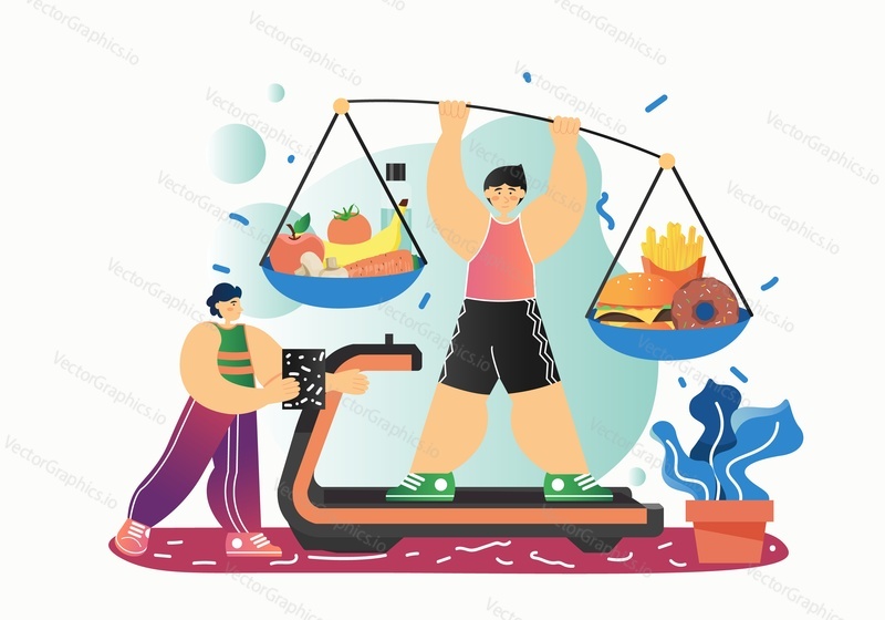 Sport and healthy diet, vector flat illustration. Healthy food vs junk fast food concept for web banner, website page etc.