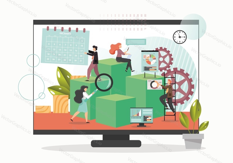 Virtual assistant business concept vector flat illustration. Huge computer monitor with micro characters business assistants engaged in office work on screen.