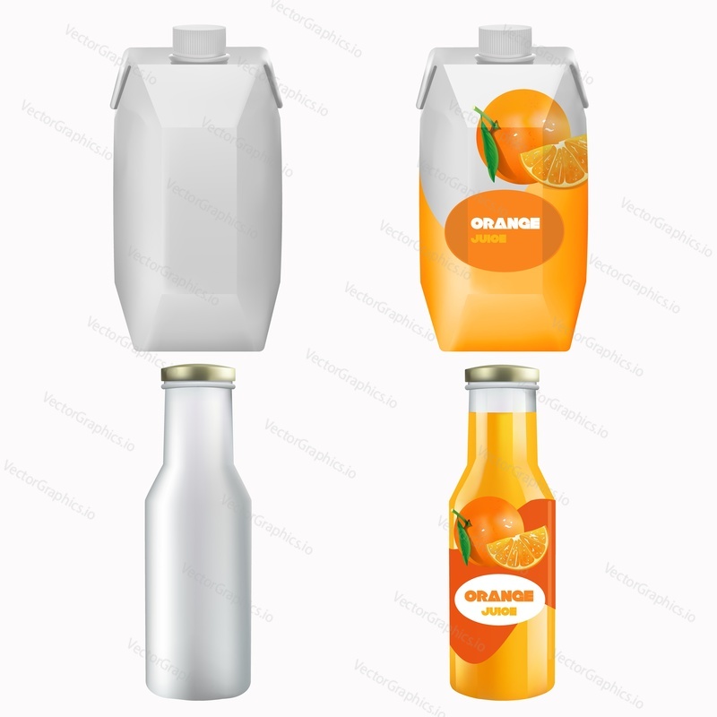 Orange juice package mockup set, vector illustration isolated on white background. Realistic blank and with citrus orange juice label plastic glass bottle and carton pack templates.