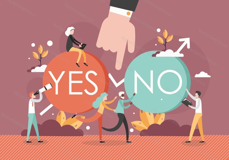 Human hand between yes and no answers buttons, male and female characters making choice, vector flat illustration. Confirming choice and decision making concept.