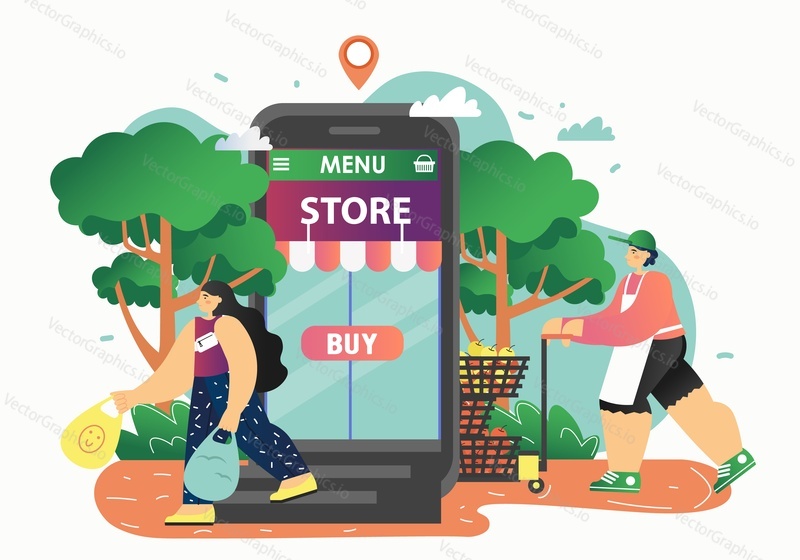 Woman buying grocery products in online mobile store, vector flat illustration. Online grocery shop, internet purchase, e-commerce concept.