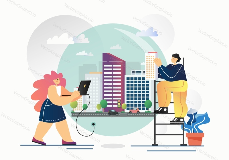 Male and female characters architects or engineers building modern city model, vector flat illustration. Construction engineer services, city planning, development concept for web banner, website page