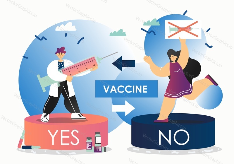 Vaccination and immunization, vector flat illustration. Doctor male holding syringe with injection and patient female refusing vaccine. Yes or no, the debate for and against vaccination concept.