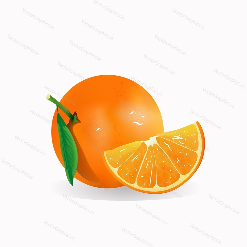 Свежий апельсин целиком и ломтиками, векторная иллюстрация, изолированная на белом фоне. Реалистичный вкусный апельсиновый цитрусовый фрукт, ингредиент здорового питания для плаката, баннера, этикетки и т.д.