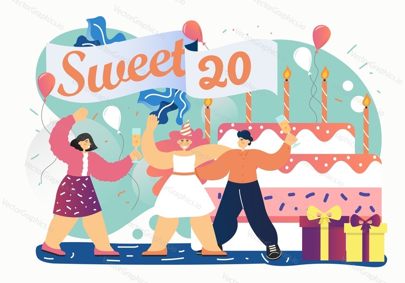 Group of young people celebrating 20th birthday anniversary with huge cake with candles, balloons, gift boxes, vector flat illustration. Sweet 20 birthday party composition for web banner, websit page