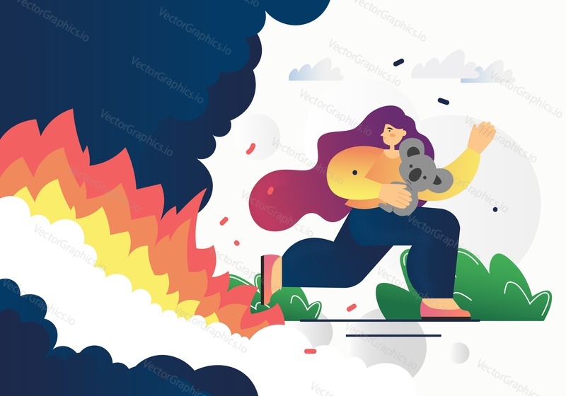 Young woman with koala bear in her arms running away from wildfire, vector flat illustration. Saving animals life from australian fires, volunteers help donation, australian bush fire natural disaster
