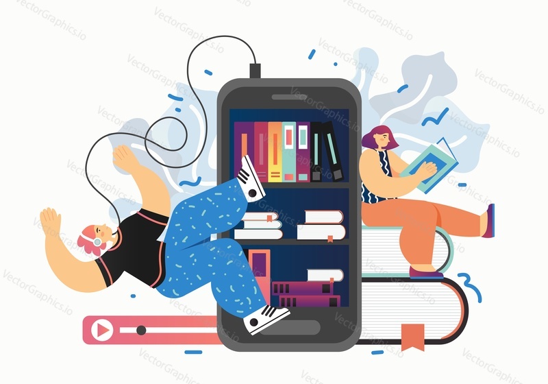 Audio media and books, vector flat illustration. Smartphone with books on shelves and people reading, listening to audiobooks. E-learning, mobile education concept for web banner, website page etc.
