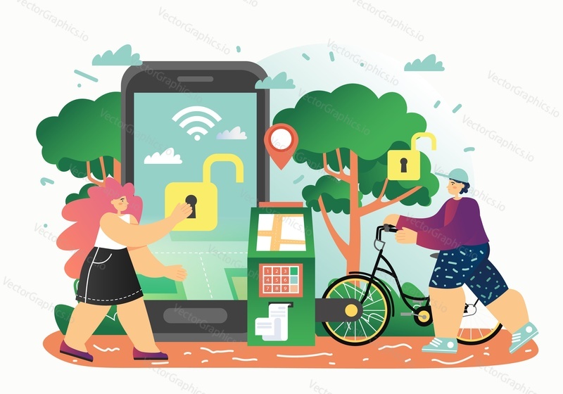 Bicycle sharing system with characters, payment terminal, vector flat illustration. Woman unlocking bike using smartphone. Public bicycle share and rental service, bike sharing mobile app concept.