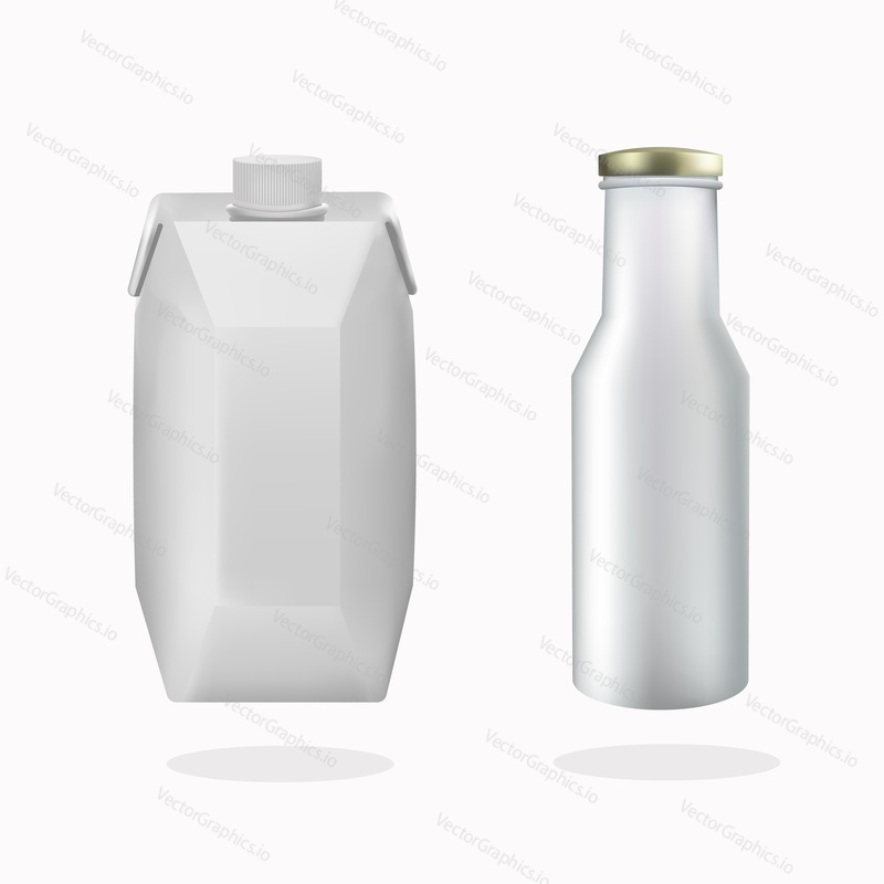 Juice and dairy product package mock up set, vector isolated illustration. Realistic white blank plastic bottle and carton pack for milk, yogurt, fruit and vegetable juice etc.