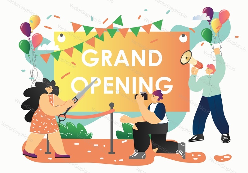 Grand opening banner, photographer taking photo of woman cutting red ribbon with big scissors, vector flat illustration. New project, grand opening ceremony presentation event concept.