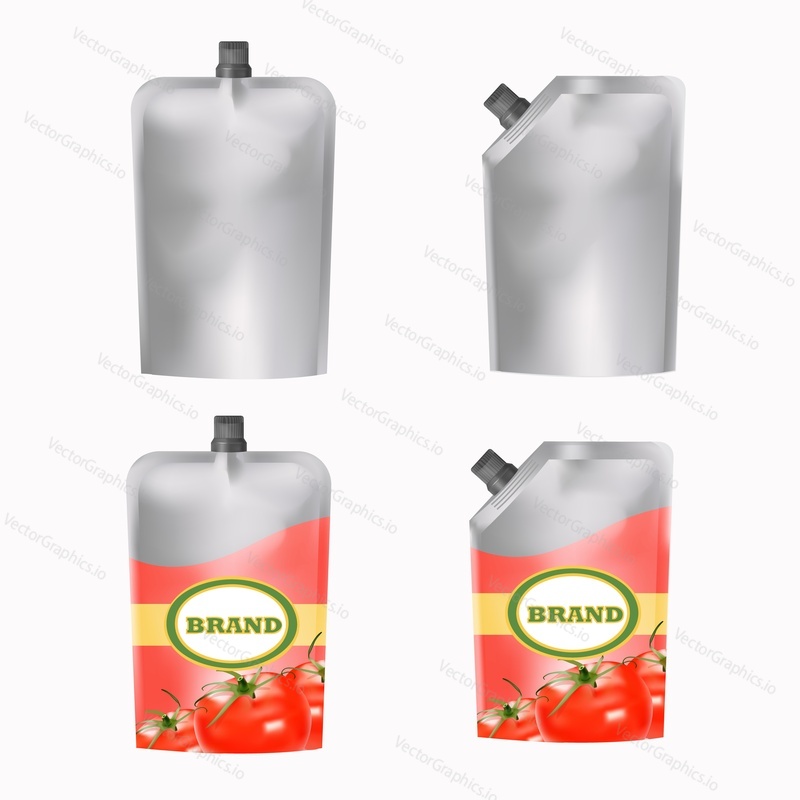 Tomato ketchup packaging mockup set, vector illustration isolated on white background. Realistic blank and with tomato ketchup label stand up pouch doypack plastic bag templates.