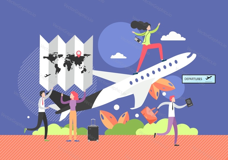 Flight tour, travel by air vector flat illustration. Micro male and female characters holding huge route map with location pin planning flight, standing on airplane, running with suitcase and passport