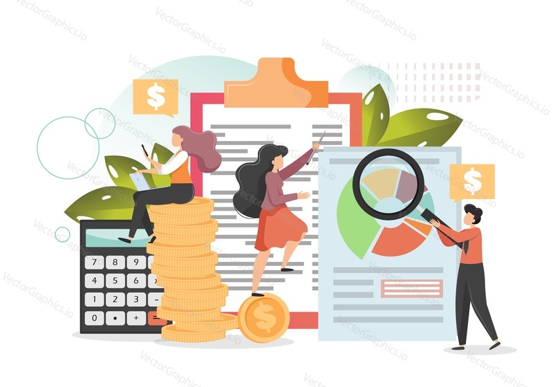Company budget planning, financial accounting, audit concept vector flat illustration. Clipboard with financial budget plan, calculator, characters analysing diagram with magnifier, sitting on coins.