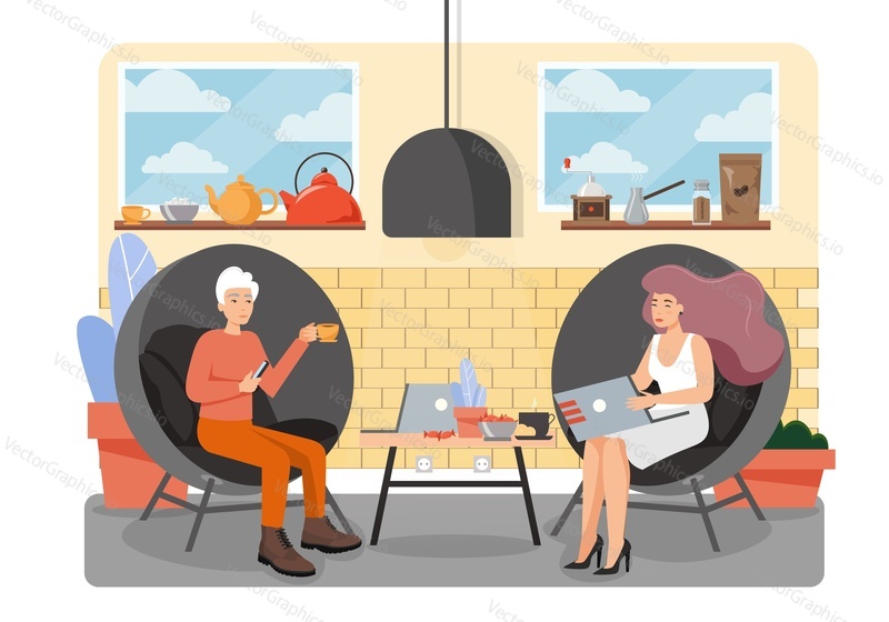 Man and woman freelancers in coworking business center, vector flat style design illustration. Modern coworking space for remote work with characters working on laptops, taking coffee break.