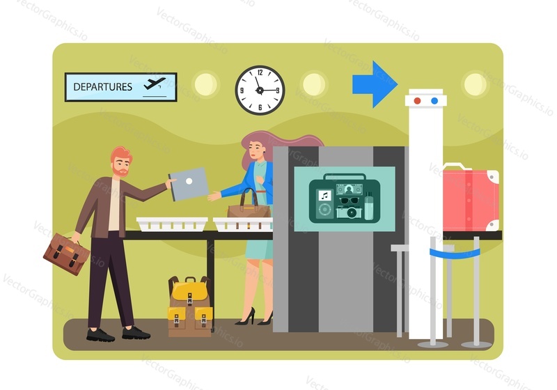 Businessman traveler passing through the airport security check, vector flat style design illustration. Airport terminal check in counter, security checkpoint with luggage conveyor and scanner.