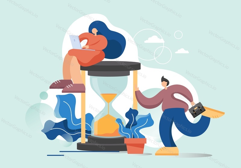 Businessman being late to work, business woman with laptop sitting on huge hourglass. Vector flat illustration. Time management, deadline, lack of time concept.