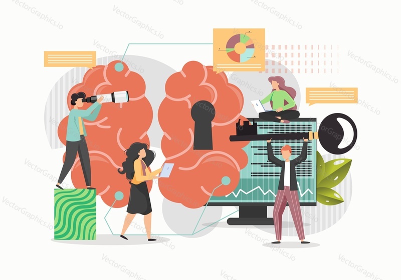 Huge human brain with keyhole, micro characters business people holding big key, looking through telescope, vector flat style design illustration. Open mind with key concept.