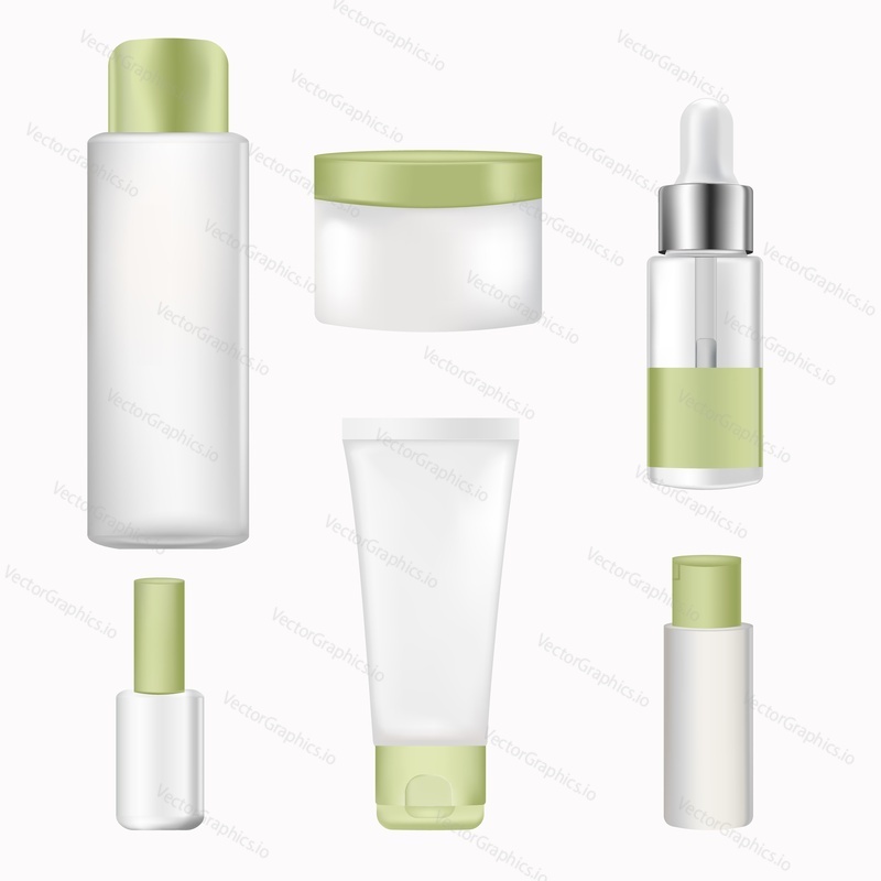 Cosmetic packaging bottle and tube mock up set, vector isolated illustration. Realistic white blank plastic containers for cream, lotion, gel, shampoo, balm, cosmetic milk, other skin care products.