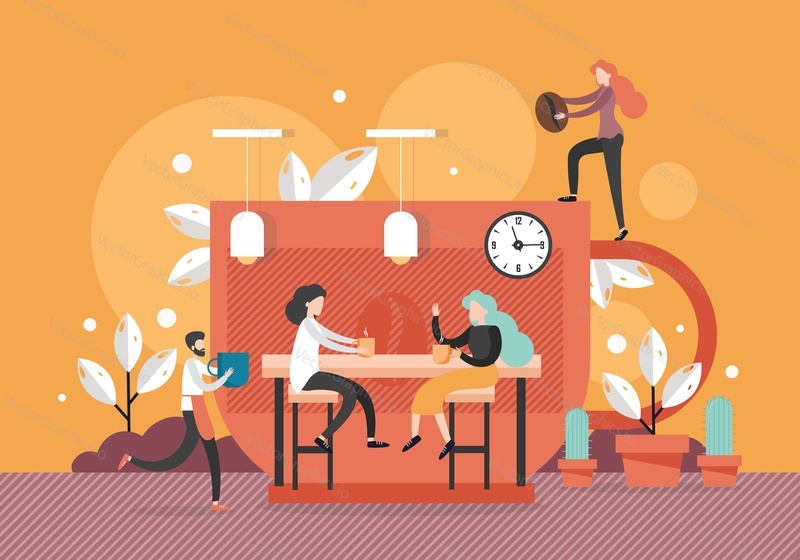 Two girls friends cartoon characters sitting at table, drinking coffee and talking to each other in cafe, vector flat illustration. Meeting in coffehouse or coffee shop.
