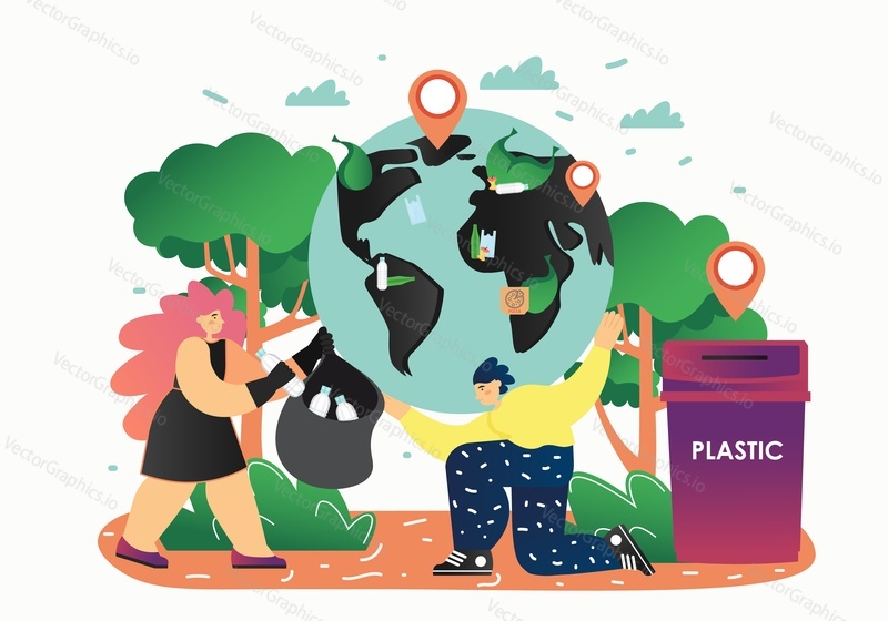 Planet Earth globe, people all over the world collecting garbage, vector flat illustration. Volunteers taking care of clean environment cleaning street from waste. Save planet, Earth Day concept.