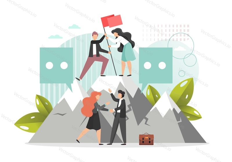 Male and female characters business partners standing on mountain peak with flag, shaking hands celebrating good deal, vector flat illustration. Great deal, partnership, agreement and handshake.