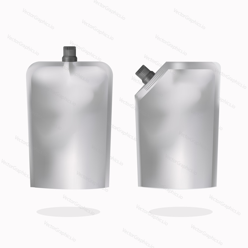 Realistic blank doypack plastic bag mock up set, vector illustration isolated on white background. Food and drink packaging stand up pouch bag templates with top and side spouts and screw caps.