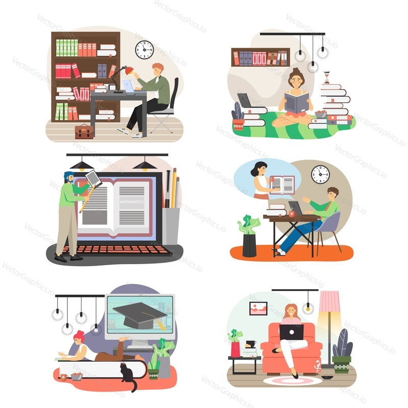 People studying at home, in public library, flat vector isolated illustration. University students reading books, using computers. Distance learning, remote education, home schooling, online courses.