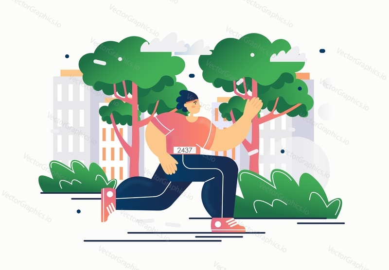 Athlete jogging in the park, vector flat style design illustration. Marathon runner cartoon character running in city park. Sport, healthy lifestyle, marathon race concept.