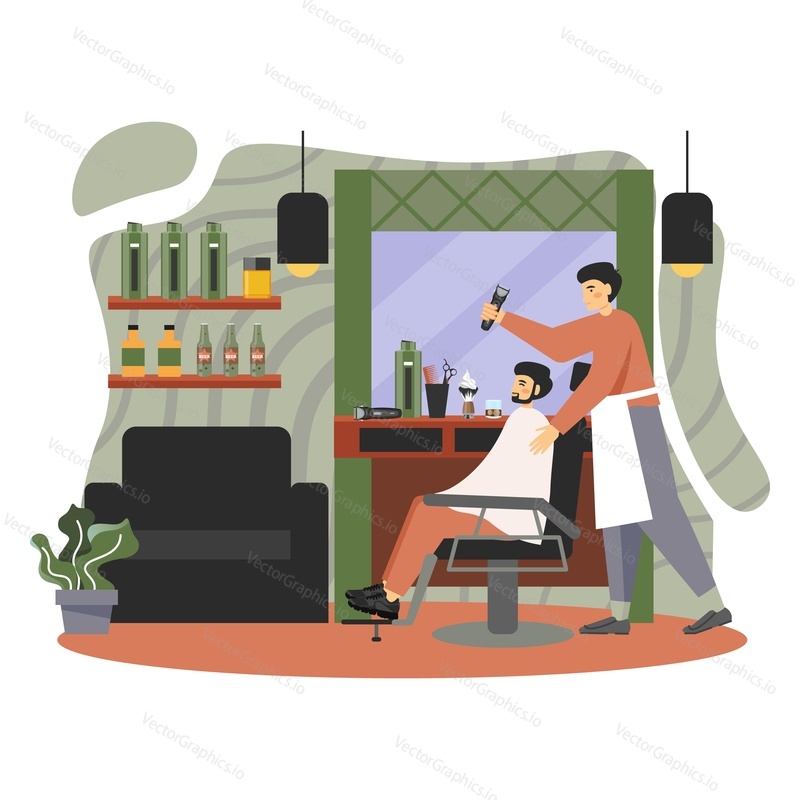 Barber shop interior. Professional barber shaving man beard and cutting his hair with clipper, flat vector illustration. Men shave, beard grooming and haircut. Hair salon services.