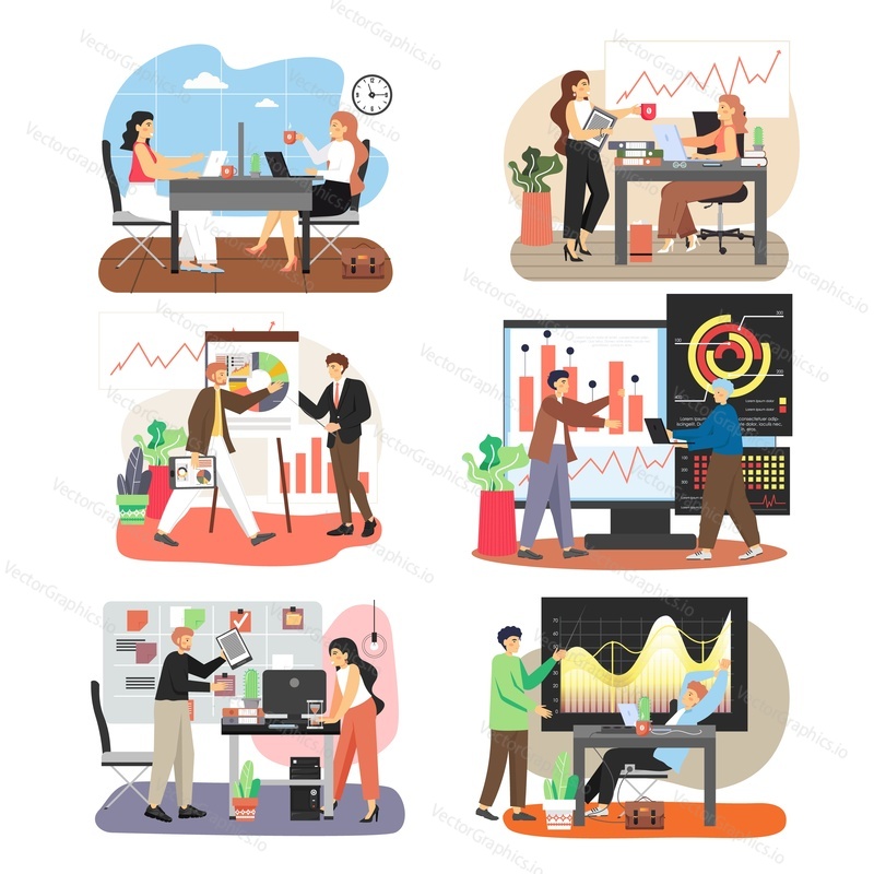 Office scene set, flat vector isolated illustration. Business people working on computer, taking coffee break, giving presentation, meeting, training, planning their work. Office situations.
