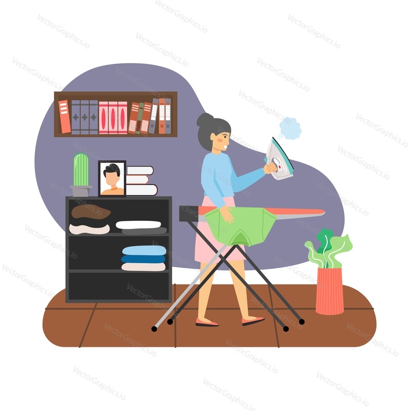 Young woman housemaid, housekeeper, cleaning company worker ironing man t-shirt on ironing board, flat vector illustration. Home cleaning, laundry and ironing services.