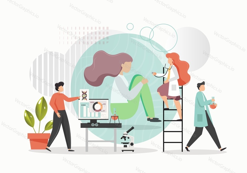 Genetics science, gene engineering, pharmaceutical biotechnology, vector flat illustration. Scientists working in biology, genetic laboratory. Scientific research, education, genetic dna blood test.