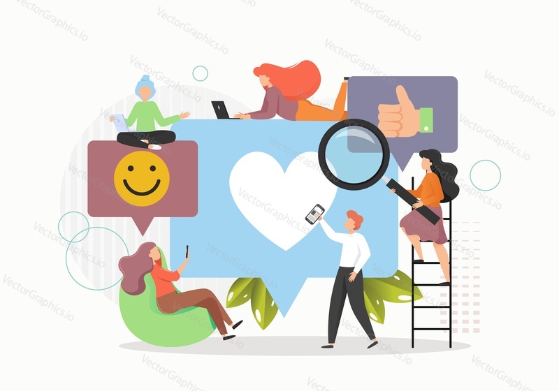 Young people collecting and providing likes, comments to others using mobile phone, laptop computer, flat vector illustration. Social media likes, social networking services, online communication.