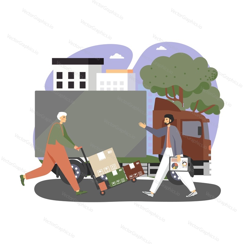 Delivery man, loader with hand truck full of parcels, cardboard boxes, delivery van, flat vector illustration. Shipping, logistics, transportation services concept.