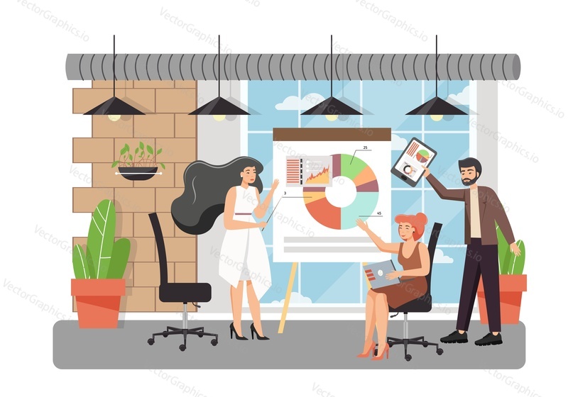 Business woman lecturer with pointer presenting pie diagram to the audience using presentation board. Vector flat illustration. Business meeting, presentation, seminar concept
