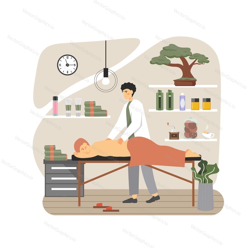 Massage therapist, male cartoon character, masseur giving back pain treatment massage to man lying on table, flat vector illustration. Relaxing, professional therapeutic massage. Spa salon, clinic.